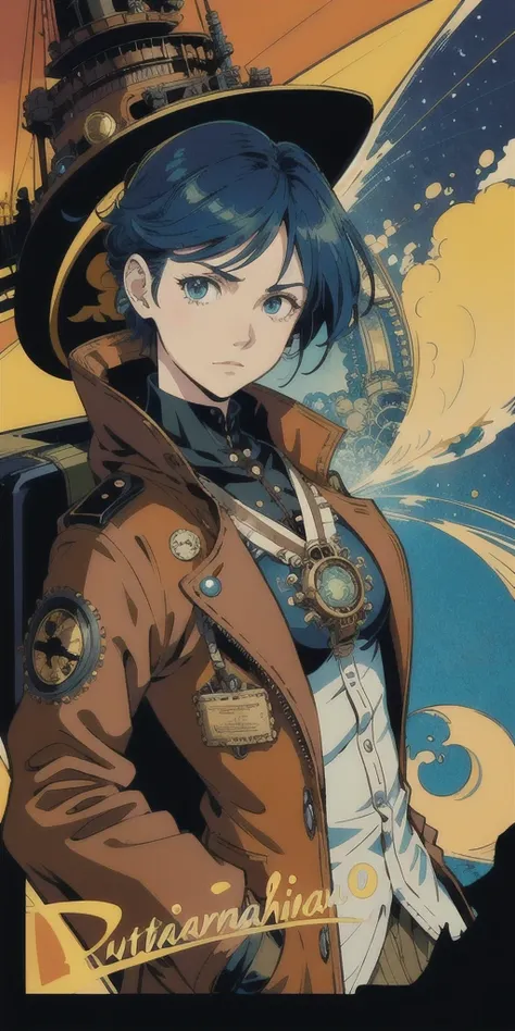 steampunkai, VeronicaMars as  a pilot, in a cockpit of a plane ,  flying across the sea, steampunk, victorian era,
simple lines, flat color , by katsuhiro otomo and masamune shirow and studio ghilibi and yukito kishiro
 