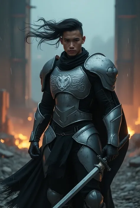  Epic photographic style ,night atmosphere in the city of darkness , A young and handsome Sundanese knight , curls in pigtails carried by the wind ,wears advanced and futuristic robot-style combat armor ,with dragon ornament shoulder  , epic colossal style...