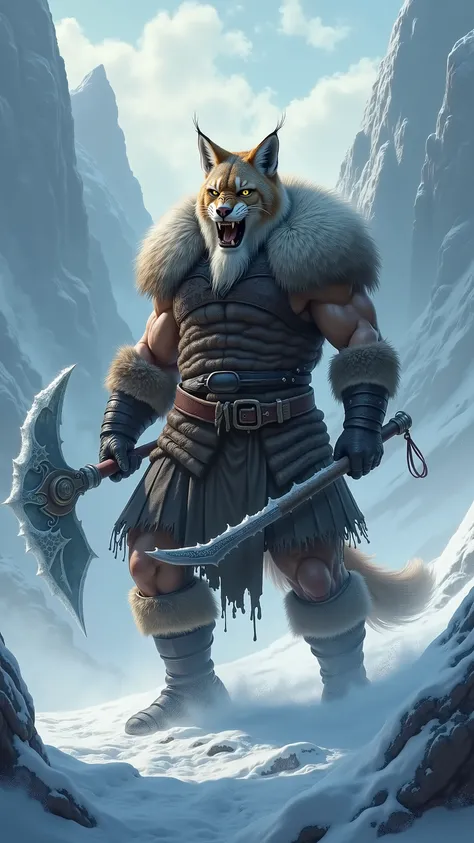 A Vikings with lynx animal head in snow region, epic and scary looking with cinematic style, colorful background, fighting in a snow storm