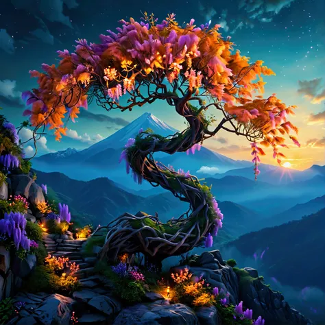 Masterpiece, Award Winning, UHD, Design a wisteria tree set a top of a mountain at night, using color to symbolize relaxation and paradise, highlighting the tranquility of a zen environment. 4k, twisty trunk and branches