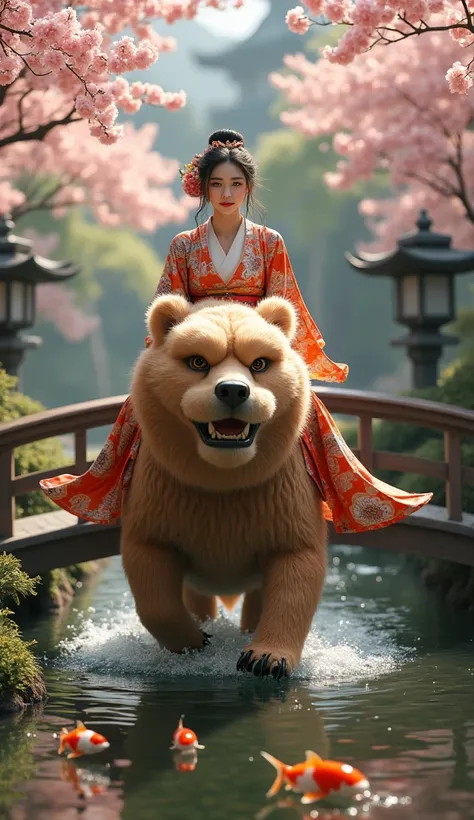 (masterpiece:1.2, Highest quality, Ultra-high resolution, Very detailed, Realistic, RAW Photos:1.2, Elaborate photos), 8k, wallpaper, (Ray Tracing), ( in a colorful kimono riding a large lion bear through a traditional temple garden), (Stone lanterns, koi ...