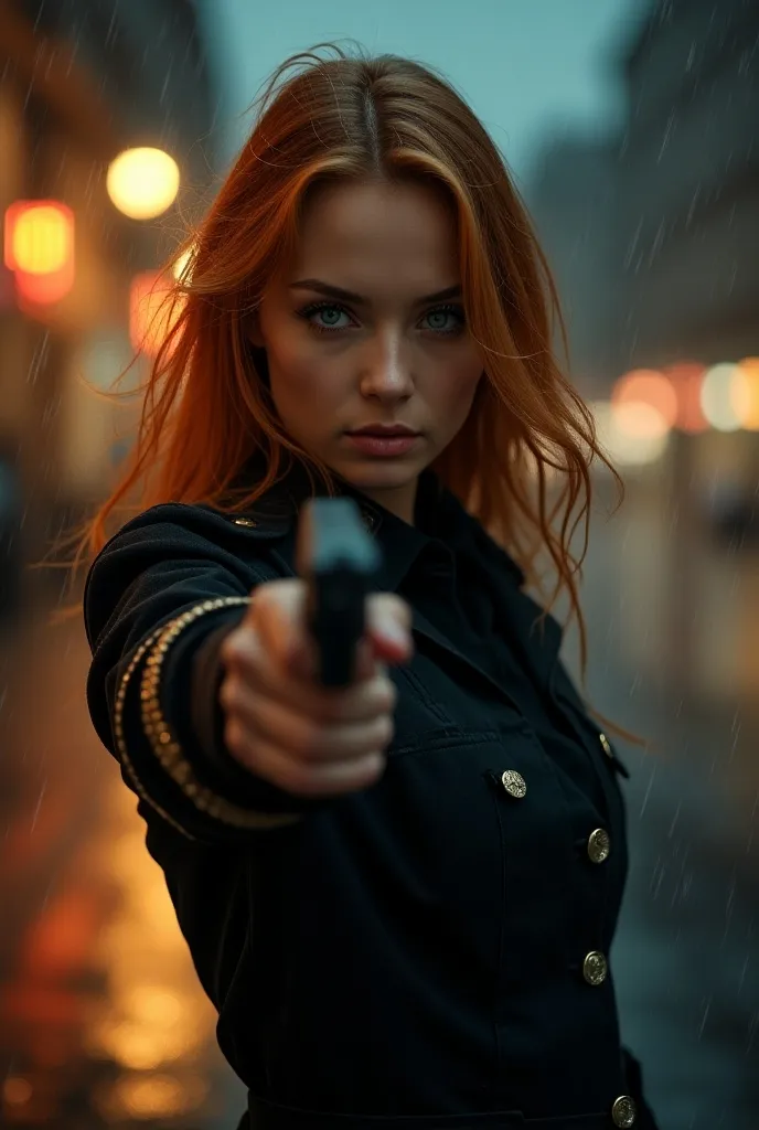 1 Female、russian Beauty teen girl  17yo、Super beautiful、Facial beauty、blue eyes、Standing, Police Uniform、mini skirt、Golden-red  Hair、Night Street、Backlight、The wind is blowing、it&#39;s raining、He is looking intently at the barrel of the gun.、Thigh-up shot、pointing pistol