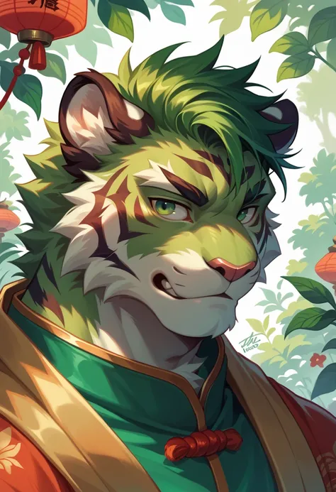 solo, furry male, Chinese tiger, calm expression, green fur, green stripe, green hair, green eyes (All green)