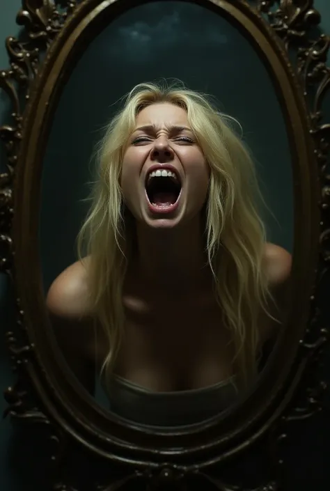 Blonde woman screaming in a mirror