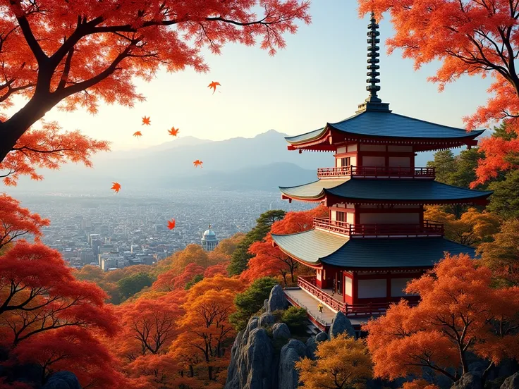 "Realistic autumn scene in Kyoto, Japan, with the famous Kiyomizu-dera temple surrounded by vibrant red, orange, and yellow maple trees. The wooden temple structure is perched on the hillside, with a sweeping view of the city below. The image captures the ...