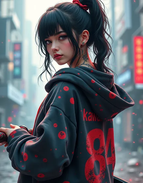 woman with graffiti hoodie and written kawaii and 84 on the back of his Dress , 4k, tattoo on arm, katana, background abstract