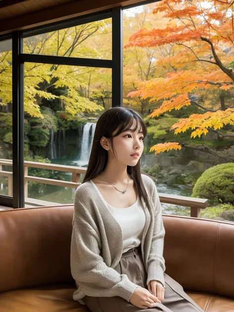 Precision photography.Japanese house･ Japanese-style Room/Room with a Good View ･ late fall, large glass windows, outside in a valley of autumn leaves.A waterfall is visible in the distance, cloth sofa .Retro Japan space . autumn clothes .Use sharp colors ...