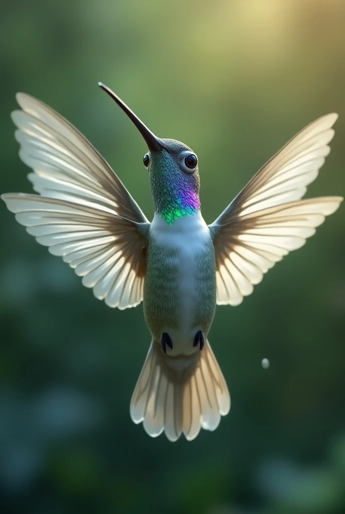 A tender hummingbird with big green and purple eyes with its wings spread and on the side of its wings the word MANTRA.