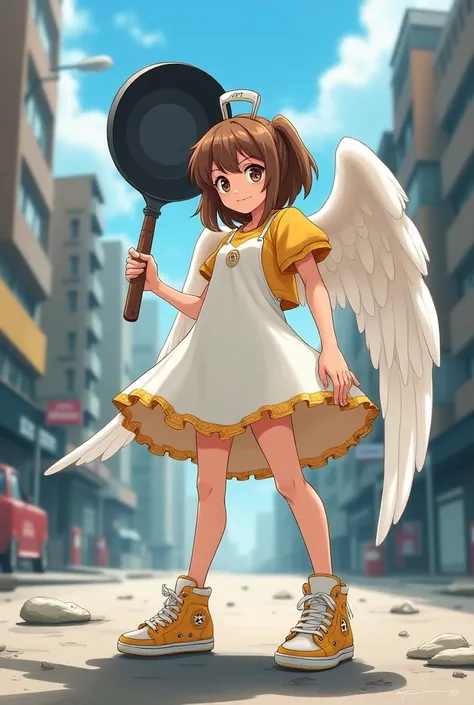 a cool and sarcastic teenage angel in a white dress with yellow details, with sneakers,  brown hair and eyes and with a large frying pan and in an urban environment (ANIME STYLE)