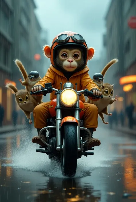 A monkey on a motorcycle flying in rainy weather with his friends 