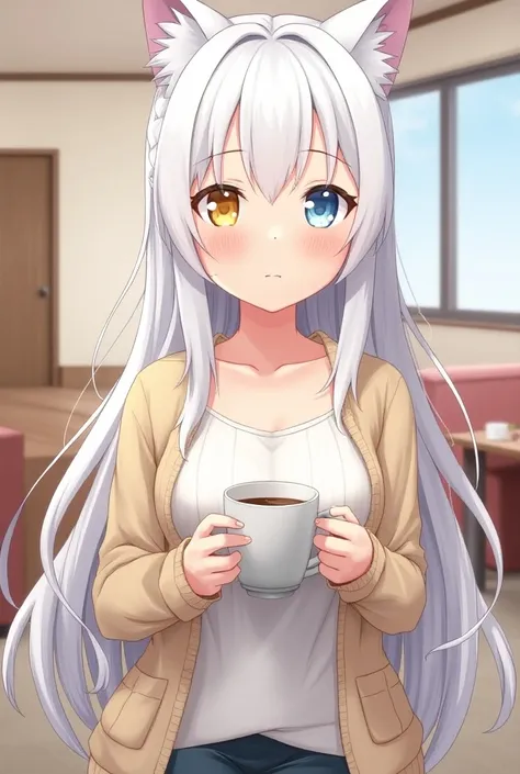 best quality , ultra detailed , highres ,anime style , from front , whole body , look at viewer ,One woman, long white hair, heterochromia,yellow right eye,blue left eye, cat ears, solo, medium breasts, cardigan, Drip coffee in the living room.