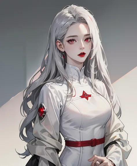 highest quality、masterpiece、1 girl、gray background、marble、gray hair:1.5、red eyes、red lips、white clothes、white bodysuit、Black and white world、Black and white world、pale skin、side blade