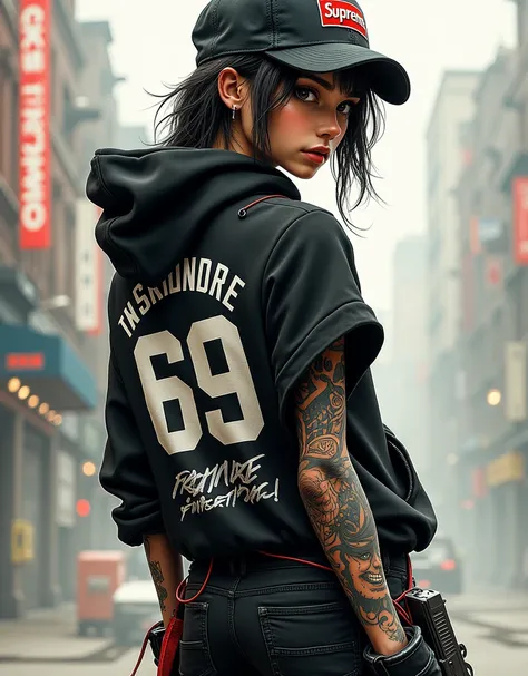 woman with graffiti hoodie and written supreme and 69 on the back of his Dress , 4k, tattoo on arm, gun, cap baseball, background abstract