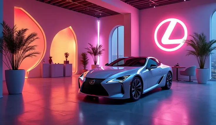 Give me a competative image of ( Lexus) ( Pinc)   in showroom in colorful beautiful ambiance and the car name and logo of ( Lexus )should be written on the showroom Wall with beautiful colour and style