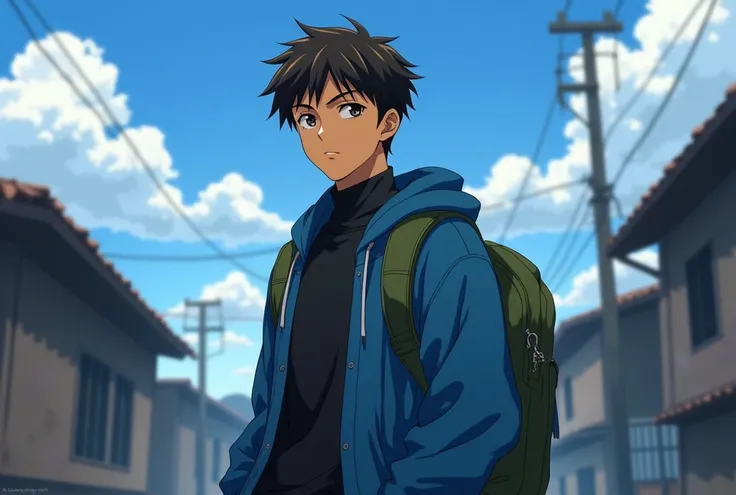 Realistic anime, young brown man, tan skin, black turtleneck t-shirt, open blue sweather hoodie with  on, black pants, green backpack, in a close-up of the left side facing the viewer, in a poor neighborhood destroyed semi urban, silhouettes of neighbors, ...