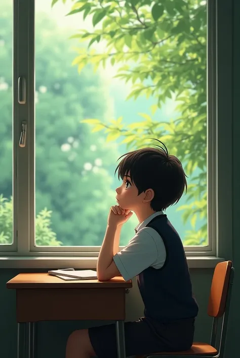 A boy sitting on the Manch corner of the classroom I want side of the view with the window which in Windows seeing the trees of the leaf I want and the hand was supporting the text and the head was towards upward direction I want and cute boy I want in thi...