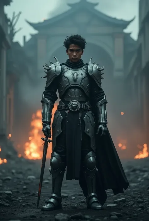  Epic photographic style ,foggy night atmosphere and heavy rain in the city of darkness,a young and handsome Sundanese male knight ,short black curls carried by the wind,wears advanced and futuristic robot-style combat armor ,with dragon claw ornament shou...