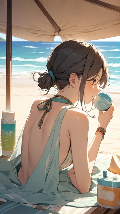 One Girl、Shining Face、 Long hair tied back 、 Sunscreen applied 、Small breasts、Healthy glow、Free Spirit、  
break、  
 bright sunlight（ Protective vibe :1.2）、Clear color 、Vivid Shadows、 Refreshing vibe 、  
break、  
Seaside、Ocean waves in the background、 Skinc...