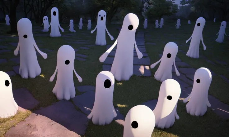 a group of floating ghostly figures interacting in a japanese cemetery, a new semi-transparent wispy ghost (Kat, wearing a club outfit) joins the other ghosts in wide-eyed wonder, moonlit scene, detailed, 8k, photorealistic, cinematic lighting, dramatic sh...