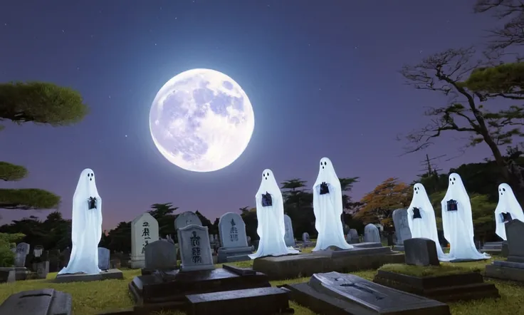 several floating ghosts interact over a Japanese cemetery, a new ghost (Kat, club outfit, wispy, semi transparent) joins the other ghosts in wide eyed wonder, moonlit
