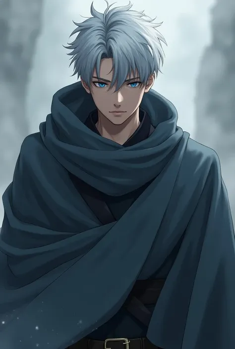 Young man, tall, strong, silver hair, not long, dark blue eyes, wearing a gray veil, windproof anime