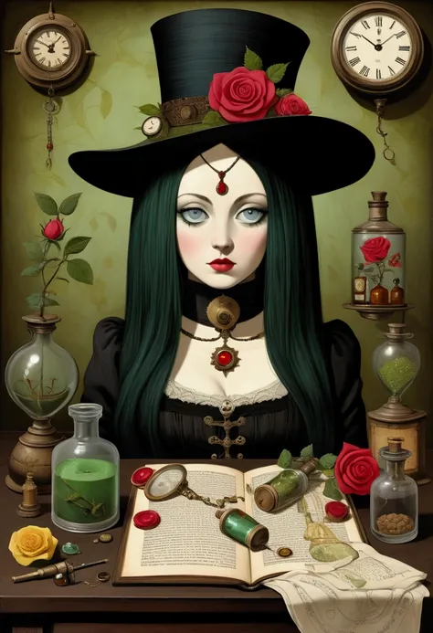 painting of a rose in a bottle with a clock on a table, alchemical still, inspired by Joseph Cornell, lowbrow pop surrealism, painting of one health potion, image apothecary, by Constance-Anne Parker, floralpunk elysian maiden, mixed - media, album art, di...