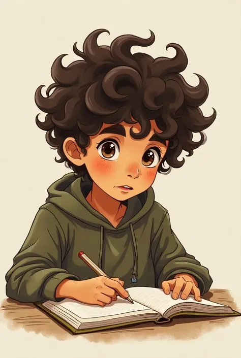 brown-eyed frizzy boy (curlers) 18 years old, not so big brown eyes  , Tes Trigueña studying WITHOUT BACKGROUND that seems drawn drawn