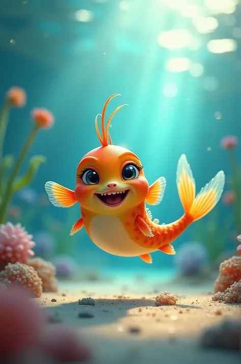 Make a photo in which a cute fish is playing with its tail