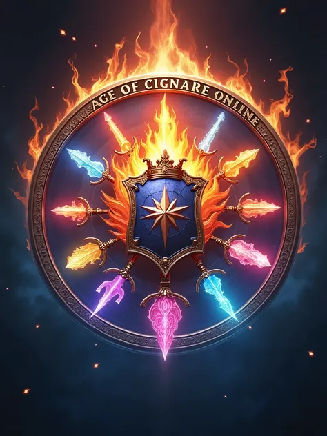 Cignare Crest in a Magic Aura: A circular crest with a glowing aura around it, featuring a central shield with a crown and flames. Around the edges, symbols of swords, armor, and magical orbs float, representing the different classes of characters. The gam...