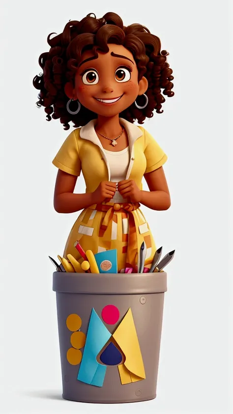 Character paper bin , holding your scissors and a cut piece of paper. pele morena,  dark curly hair , smiling, creative