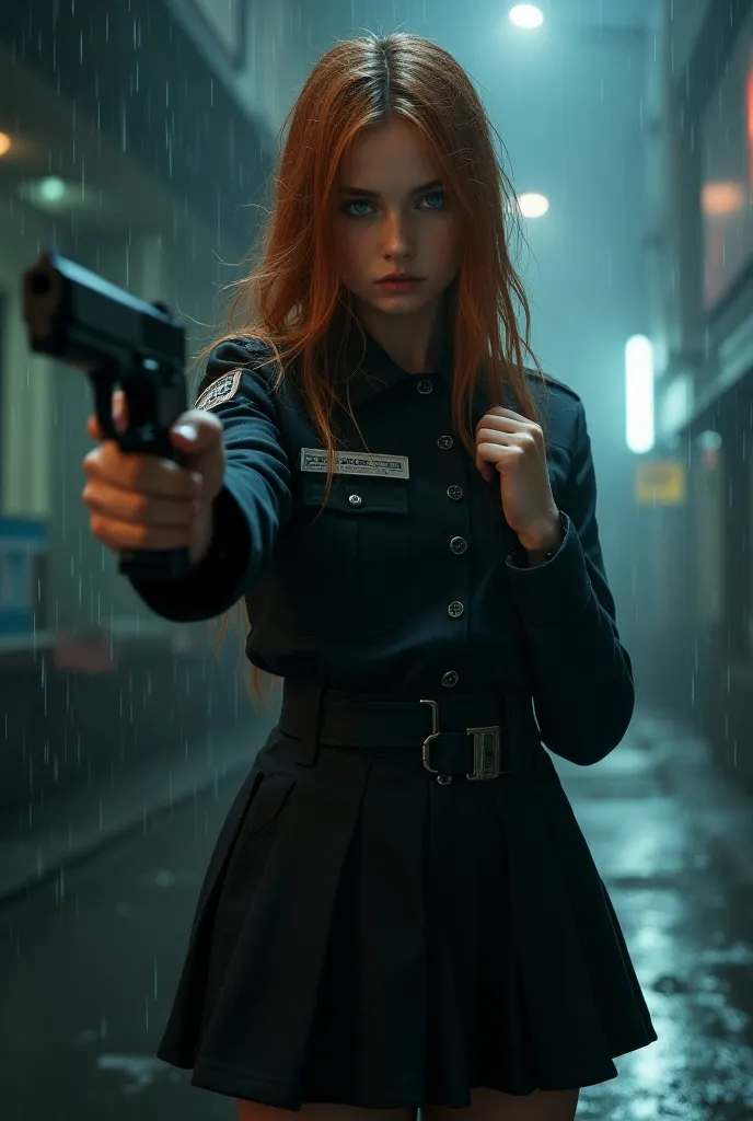 1 Female、russian Beauty teen girl  17yo、Super beautiful、Facial beauty、blue eyes、Standing, Police Uniform、mini skirt、Golden-red  Hair、Night Street、Backlight、The wind is blowing、it&#39;s raining、He is looking intently at the barrel of the gun.、Thigh-up shot、pointing pistol,короткая юбка,мокрая одежда и мокрые лохматые волосы,без косметики, дождь,небольшой туман