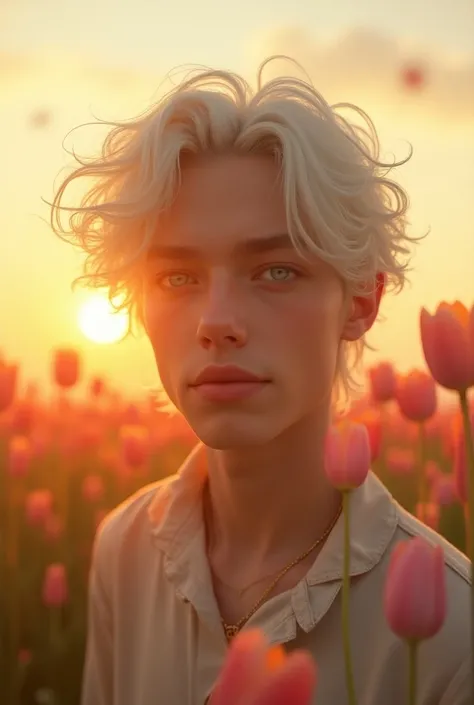  A tall boy with white and crimped hair ,  that somehow seemed perfectly aligned ,  framed his face with striking features , Your lips, In a soft pink ,  had the same shade as the tulips in bloom ,  his eyes were deep blue ,  like blue rivers that reflecte...