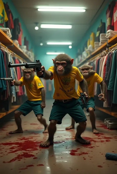 Monkey gang dressed as Brazilians with pistols and realistic rifle,  now they rob a clothing store, and they end up killing three humans

