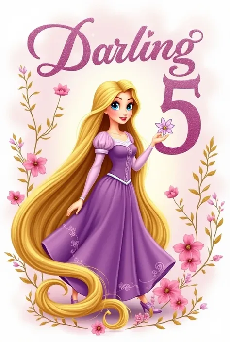 Birthday logo with Princess Rapunzel entangled with the name Darling and a number 5 