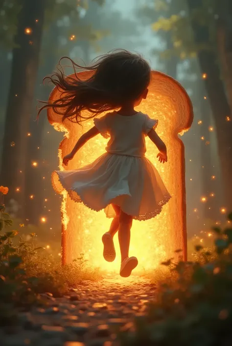 a girl running away from a bitten slice of bread, fantasy, anime, detailed girl, intricate bread, dramatic lighting, vibrant colors, dynamic composition, whimsical, magical realism, cinematic, high contrast, ethereal, dreamlike, masterpiece, 8k, photoreali...