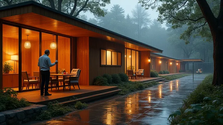 rainy usonian architecture, cozy bright warm lighting inside windows, exterior facade, architect, coffee, pickleball sport