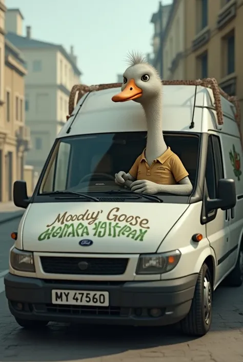 A delivery company named moody goose.delivery of marijuana.with a gooseinside of a white ford transit van dressed in a polo shirt and shorts.photo realistic.