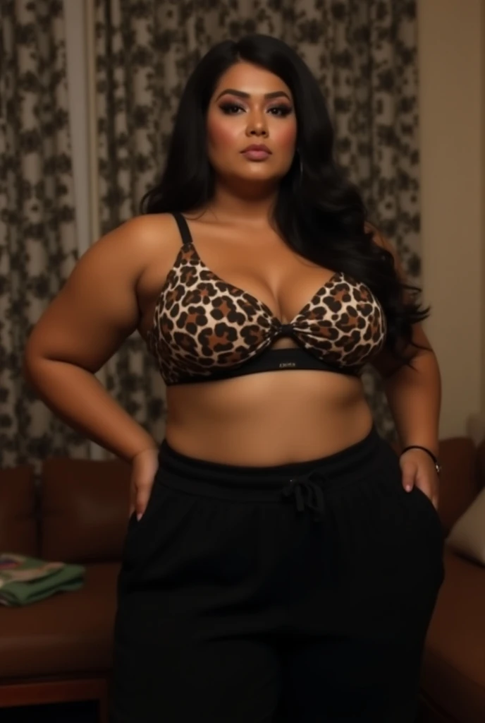 Create an image of a indonesian woman with a **plump, curvy and busty body** type, standing confidently. She is wearing a **leopard print bralette** as the top, and **black sweatpants** as the bottom. The photo is taken from a **medium distance**, framing ...