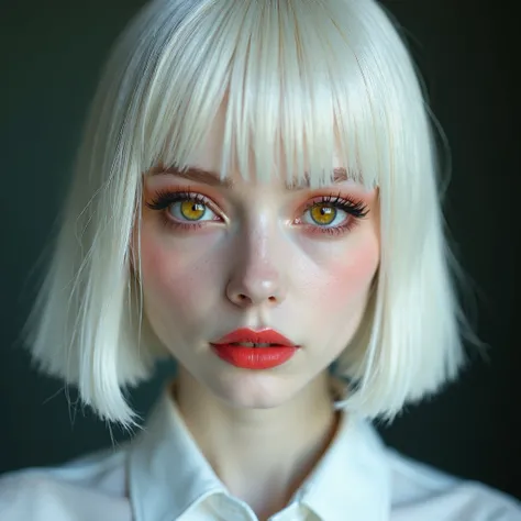  A 22-year-old albino woman who measures 1 .60 m and weighs 65 kilos ,  with fair skin and intense yellow eyes .  Her face has soft and friendly features ,  with an exquisite expression introverted and glamorous that reflects trust.  She has straight white...