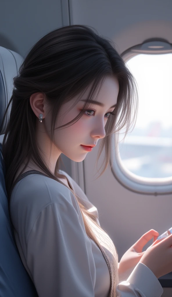 araffe girl sitting in a plane looking at her cell phone, beautiful south korean woman, gorgeous young korean woman, beautiful young korean woman, korean girl, cute korean actress, 19-year-old girl, gorgeous chinese model, she is about 1 , ruan jia beautif...