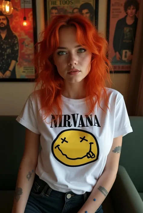  This is a very rocker girl, she is very beautiful, very sensual, very modern, interesting, intelligent, she has polka dots, curly red hair, she has a white t-shirt in Nirvana and behind there is a poster of Rush and a poster of tool and another of doors, ...