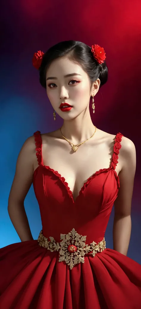 "Generate a hyper-realistic, seductive portrait of a woman with Jessica Jung’s facial features, wearing a stunning, form-fitting red gown with intricate lace and floral details, featuring a deep plunging neckline that emphasizes her voluptuous figure. The ...