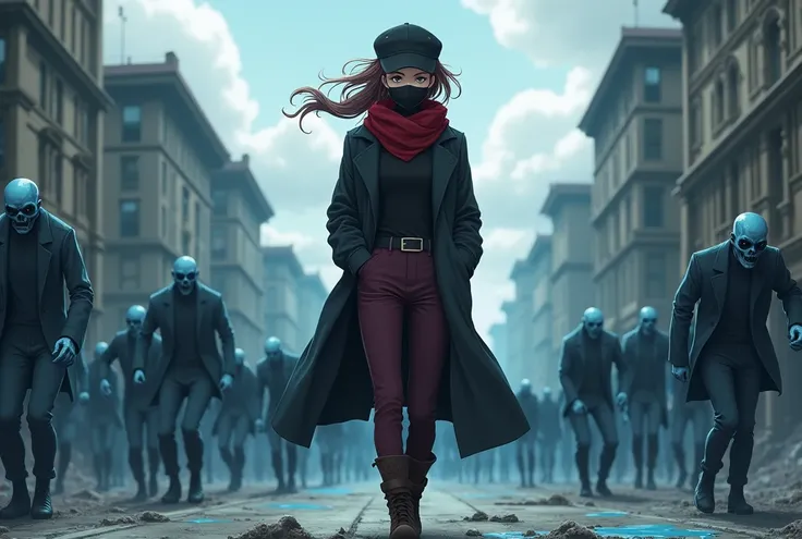 Realistic anime, Young woman, black trench coat, black turtleneck shirt, blood red scarf, black cap, black face mask, wine pants, dark brown boots, hands in pockets, walking in bluish city in ruins, dry blue liquid coming out of buildings , with cloudy sky...