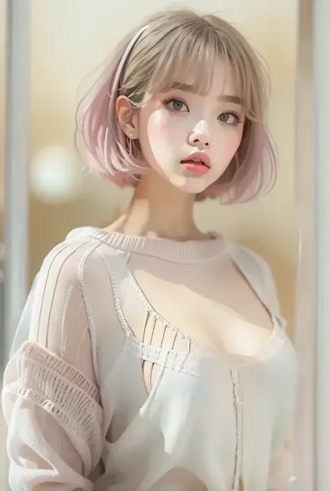 ((Extremely realistic)), ( super realistic), generate a highly realistic image, white backdrop,,15-year-old female,high school student、short bob hair, Im hiding my forehead with bangs,white-silver-colored eyes,Long False Eyelashes,Clear eyeliner、Thick lips...