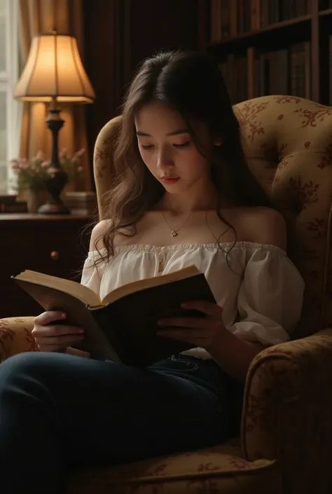 Girl sitting in an armchair reading a book 