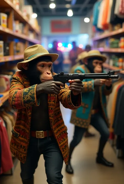 Monkey gang dressed as Brazilians with pistols and realistic rifle,  now they rob a clothing store, but they end up being arrested by the police 

