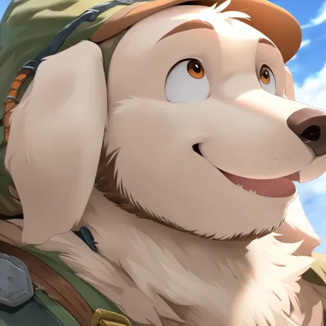 anthro, kemono, male, solo, ((round face, very plump face, thick beard)), ((endomorph body type, old-aged)), ((adventure costume:1.5)), ((domestic dog, white labrador) fluffy fur, fluffy), (simple background), (face focus, headshot), (looking at the camera...