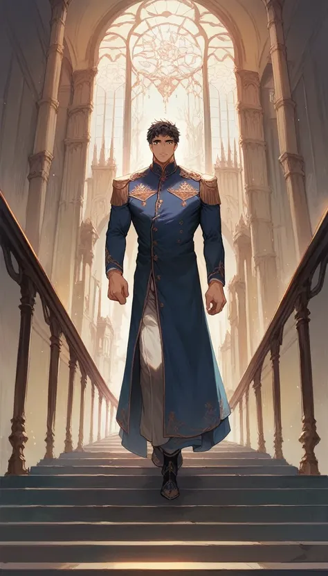 best quality, masterpiece, hyper realistic, extremely handsome japanese man, fluffy medium length hair, athletic build, elegant military ouji style clothes, walking down the stairs of fancy luxurious castle, hand on railing