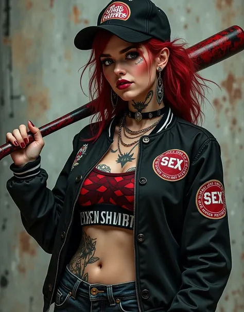 woman with black jacket and written Sex pistols and Sex pistols logo on the back of his Dress , 4k, tattoo on arm, cap baseball, stick baseball, background abstract