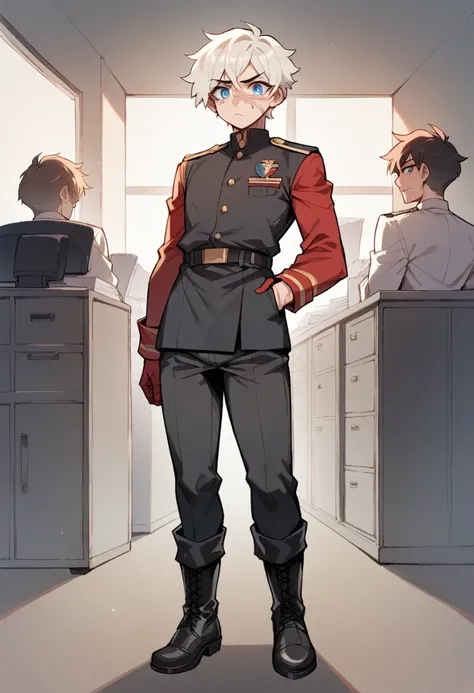 Masterpiece, uncensored, BREAK, white cream hair, red robotic left eye, neutral face, blue eyes, facing forward at viewer, scars all over body, standing, femboy, standing, black german military uniform, black pants, black boots, standing in office